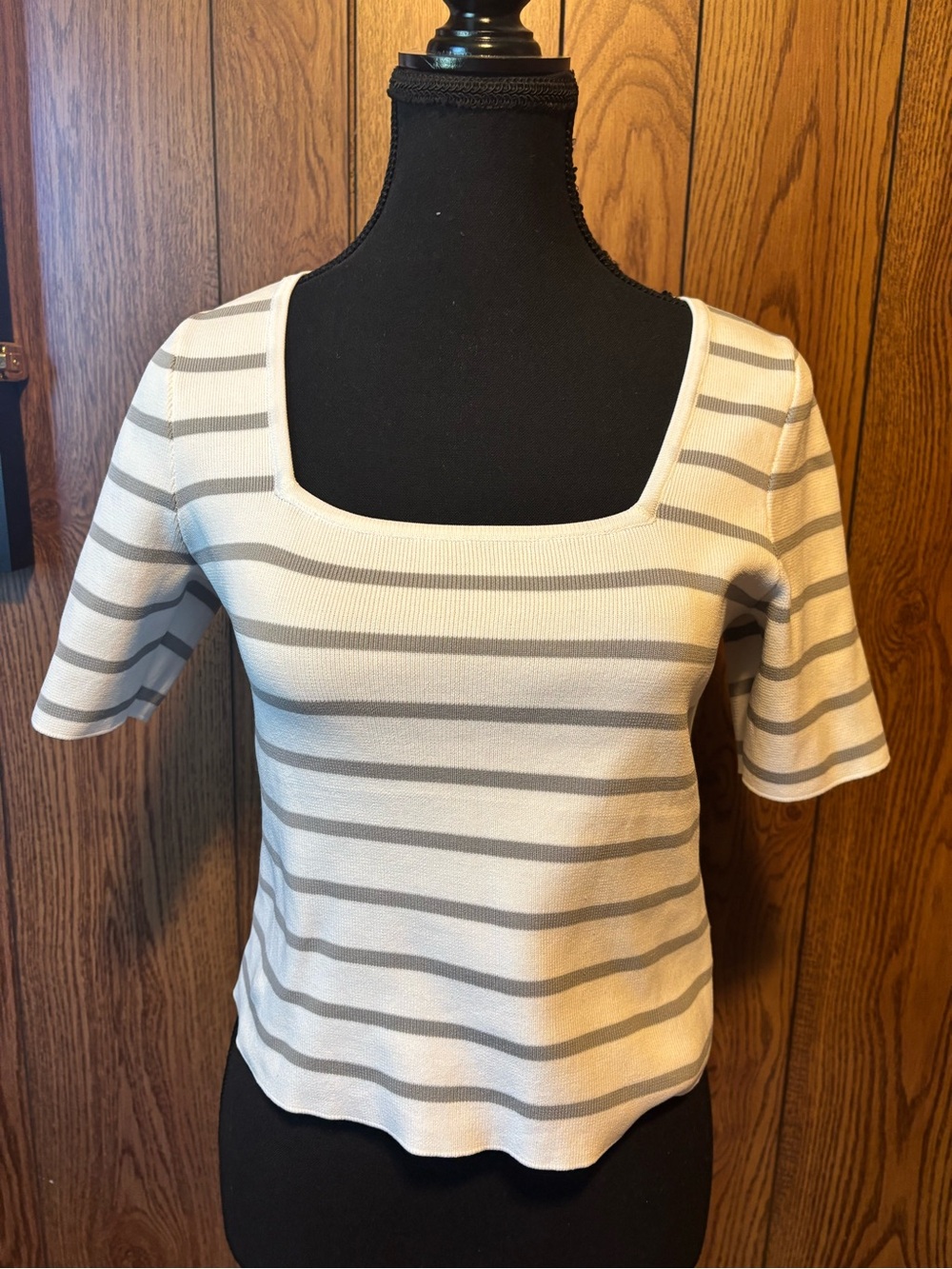 Striped Square-Neck Crop Top in White and Light Gray